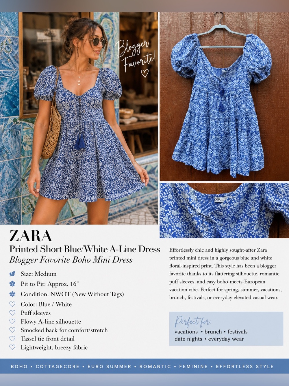 ZARA Blue White Printed Puff Sleeve Mini Dress Sz M NWOT Blogger Favorite Boho
